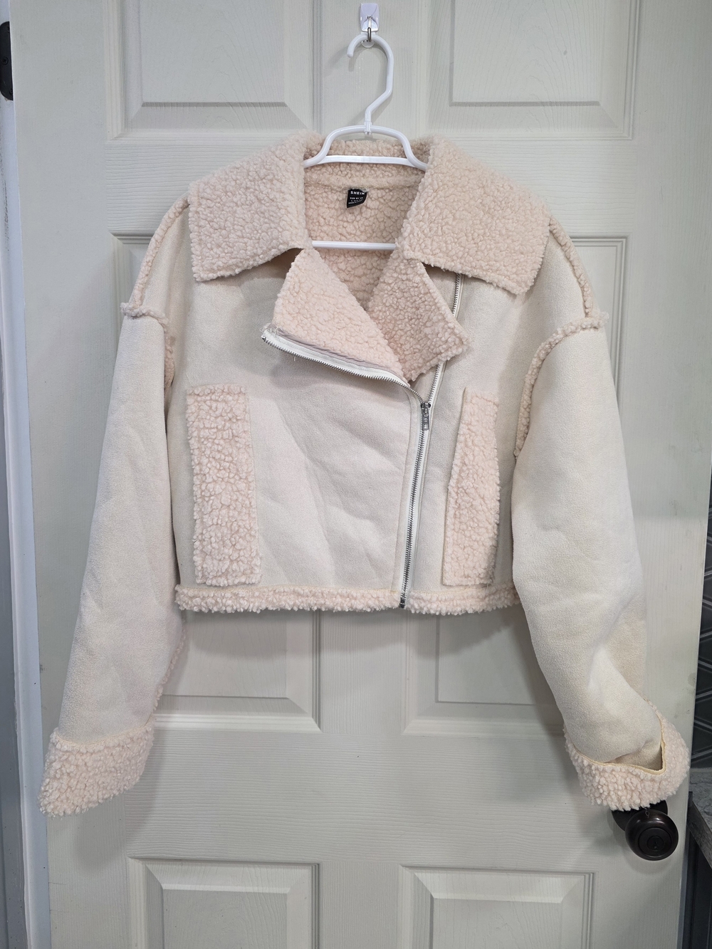 SHEIN Faux Sherpa Cropped Moto Jacket Faux Suede Apricot